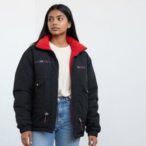 Edelweiss Vintage winter coat. Mid-weight. Large. Black and Red. Floral trim.